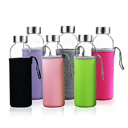 YEBODA Glass Water Bottles 18oz Bottles For Beverage and Juicer Use Stainless Steel Caps - Including Colorful Nylon Protection Sleeve,Pack Of 6