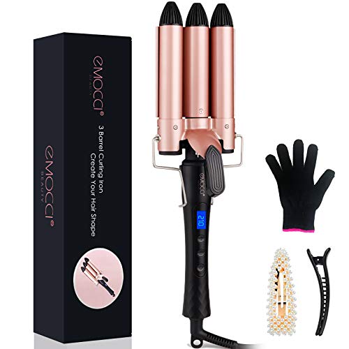 3 Barrel Curling Iron,1 inch Triple Three Barrel Hair Waver Mermaid Beach Waves Curling Wand Ceramic Tourmaline Temperature Adjustable Curler Irons with LCD Display for Hair Styling Set(Rose,Black)