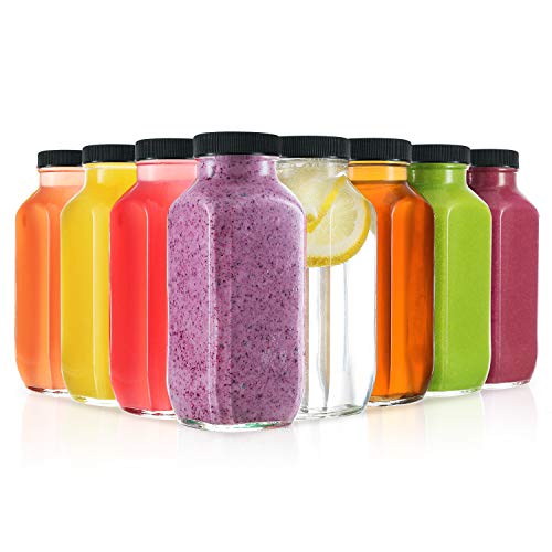 8 Ounce Glass Drink Bottles, Pack of 12 Glass Water Bottles with Lids, Great for storing Juices, Smoothies, beverages, Kombucha and More, Quality Material (12 Pack)