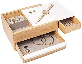 Umbra Stowit Jewelry Box - Modern Keepsake Storage Organizer with Hidden Compartment Drawers for Ring, Bracelet, Watch, Necklace, Earrings, and Accessories (White / Natural)