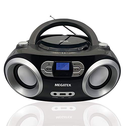 Megatek CB-M25BT Portable CD Player Boombox with FM Stereo Radio, Bluetooth Wireless & Enhanced Sound, CD-R/CD-RW/MP3/WMA Playback, USB Port, AUX Input, Headphone Jack, LCD Display, AC/Battery Powered