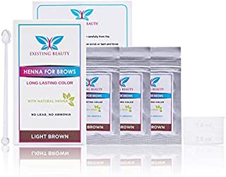 Existing Beauty Henna for Eyebrow Hair - Tinting and Coloring Kit Including Use Instructions and Mixing Bowl 3x 1g Packets Light Brown