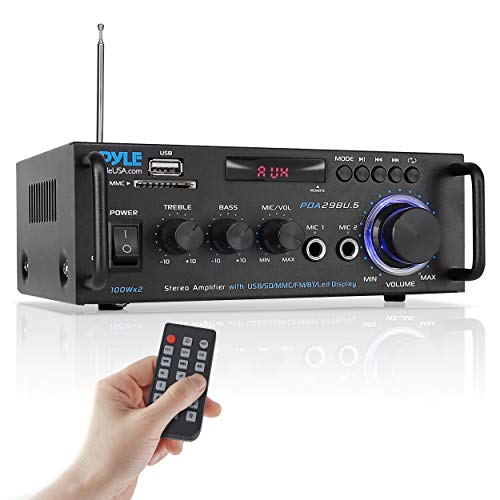 Pyle Wireless Bluetooth Stereo Power Amplifier - 200W Dual Channel Sound Audio Stereo Receiver w/RCA, USB, SD, MIC in, FM Radio, for Home Computer via RCA - PDA29BU.5