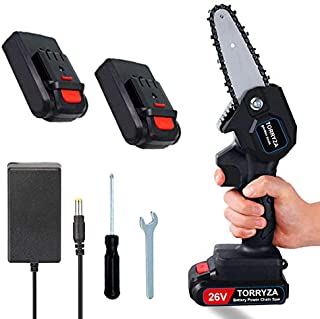 TORRYZA Mini Chainsaw 4-Inch Cordless Power Chain Saws, Portable 26V Electric Chainsaw, Pruning Shears Chainsaw for Courtyard Tree Branch Wood Cutting -Black 26V+Spare Battery