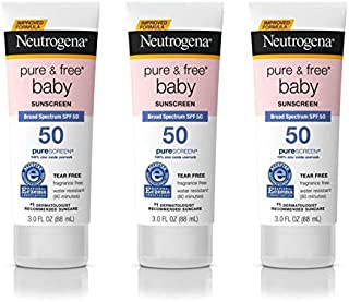 Neutrogena Pure & Free Baby Mineral Sunscreen Lotion with Broad Spectrum SPF 50 & Zinc Oxide, Water-Resistant, Hypoallergenic & Tear-Free Baby Sunscreen, Paraben-Free, Dye-Free, 3 fl. oz (Pack of 3)