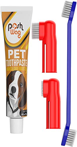 Dog Toothpaste and Toothbrush Set [REMOVES FOOD DEBRIS] Double Sided with Long Curved Handle [SUPER EASY CLEANING] - Best Soft Silicone Pet Toothbrush for Cats And Dogs [EXPANDABLE FINGER ENTRY] - Col