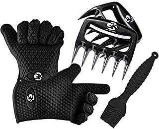 GKs 3 + 3 BBQ Dream Set: Silicone BBQ Grill Gloves Plus Meat Shredder Claws Plus Silicone Basting Brush Plus 3 eBooks w/ 344 Recipes for Roasting, Grilling and Baking (Black)