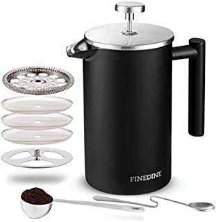 Finedine French Press Coffee Maker - (34-Oz) 18/8 Stainless Steel Double Wall Insulated Retains Heat Longer - Triple-Screen Grounds Filter System, Sleek Matte Black, Extra Filter & Components Included