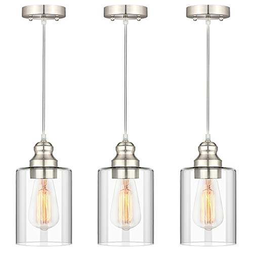 Industrial Pendant Lighting, Adjustable Hanging Light Fixtures, Clear Glass Shade Pendant Light, Vintage Farmhouse Mini Hanging Ceiling Lamp for Kitchen Living Room Bedroom Hallway, E26 Base, 3-Pack