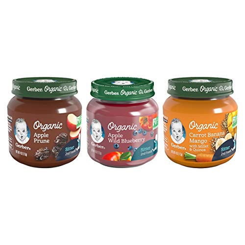 Gerber 2nd Foods Organic Jars Variety Pack, 4 Apple Prune, 4 Apple Wild Blueberry, 4 Carrot Banana Mango, 12-CT