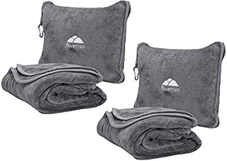 BlueHills 2-Pack Premium Soft Travel Blanket Pillow Airplane Blanket in Soft Bag Pillowcase with Hand Luggage Belt and Backpack Clip, Compact Pack Large Blanket for Any Travel (Grey Gray T013)