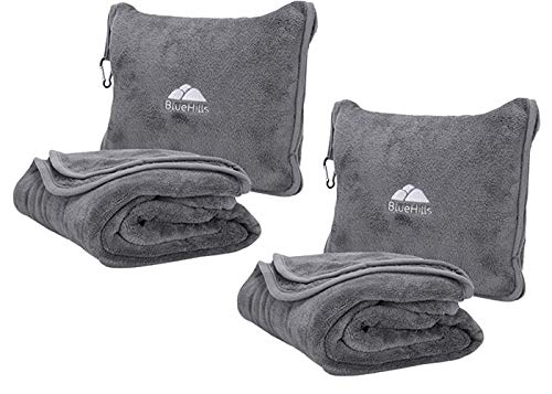 BlueHills 2-Pack Premium Soft Travel Blanket Pillow Airplane Blanket in Soft Bag Pillowcase with Hand Luggage Belt and Backpack Clip, Compact Pack Large Blanket for Any Travel (Grey Gray T013)