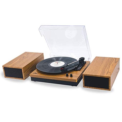 LP&No.1 Retro Belt-Drive Bluetooth Turntable with Separable Stereo Speakers,3 Speed Vinyl Record Player,Yellow Brown