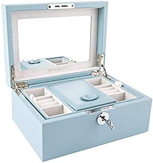 Vlando Two Tray Lockable Jewelry Box, Jewelries Collections Organizer, Girls Gift (Light Blue)