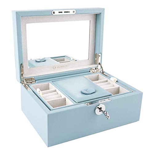 Vlando Two Tray Lockable Jewelry Box, Jewelries Collections Organizer, Girls Gift (Light Blue)