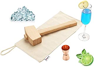 Handmade Lewis Canvas Ice Bag and 13.4 Inch Natural Solid Beech Wooden Ice Mallet - Manual Ice Crusher Hammer, Champagne Gold Two-sided (O.5/1 oz) Jigger (Ice Bag & Mallet & Jigger)