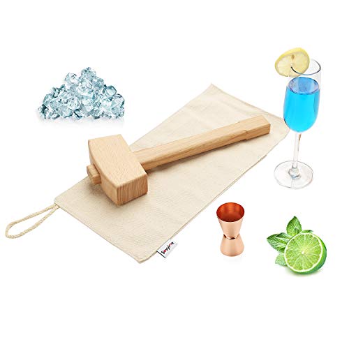 Handmade Lewis Canvas Ice Bag and 13.4 Inch Natural Solid Beech Wooden Ice Mallet - Manual Ice Crusher Hammer, Champagne Gold Two-sided (O.5/1 oz) Jigger (Ice Bag & Mallet & Jigger)