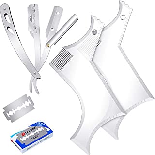 2 Piece Beard Shaper with Inbuilt Comb Beard Shaping Styling Tool Beard Shaping Template Guide Comb with Straight Edge Razor and 10 Piece Single Blade Beard Trimmer Kit for Men's Jaw Cheek Neck Line