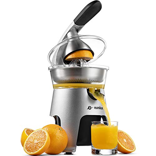 Eurolux Die Cast Stainless Steel Electric Citrus Juicer Squeezer, for Orange, Lemon, Grapefruit | 300 Watts of Power, With 2 Stainless Steel Filter Sizes for Pulp Control