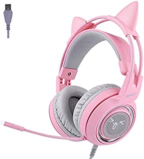 VOWOR Gaming Headset for PC, PS4, Laptop Cat Ear Headphones 7.1 Virtual Surround Sound Detachable LED, USB, Lightweight Self-Adjusting Over Ear Pink Headphones for Girls (Pink)