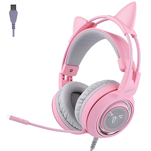 VOWOR Gaming Headset for PC, PS4, Laptop Cat Ear Headphones 7.1 Virtual Surround Sound Detachable LED, USB, Lightweight Self-Adjusting Over Ear Pink Headphones for Girls (Pink)