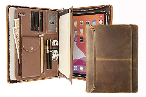 Genuine Leather Portfolio Folder, iPad Portfolio Case for iPad Pro 12.9 (2nd Gen, 2017), Business Portfolio Notebook for Women, Padfolio Zipper for Men, Business Gift for Men Women