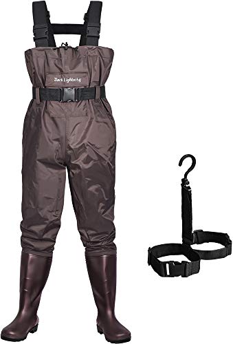 Dark Lightning Fly Fishing Waders for Men and Women with Boots, Mens/Womens High Chest Wader with Boot Hanger (Brown, M10/W12)