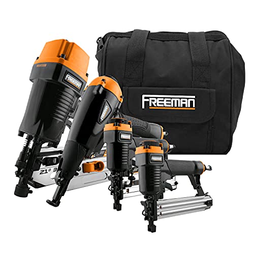 Freeman P4FRFNCB Pneumatic Framing & Finishing Combo Kit with Canvas Bag (4Piece) Nail Gun Set with Framing Nailer, Finish Nailer, Brad Nailer, & Narrow Crown Stapler