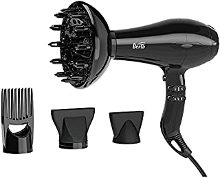 Berta Hair Dryer ,Professional Salon Negative Ionic Blow Dryer 1875W Fast Drying with Diffuser and Comb Mid-Size Black Color