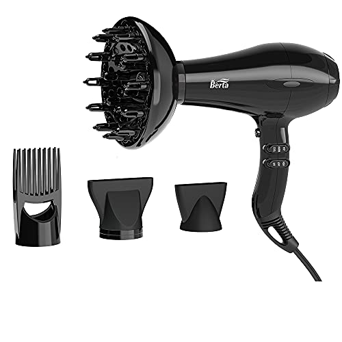 Berta Hair Dryer ,Professional Salon Negative Ionic Blow Dryer 1875W Fast Drying with Diffuser and Comb Mid-Size Black Color