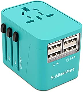 Power Plug Adapter (Turquoise) - International Travel - w/4 USB Ports Work for 150+ Countries - 220 Volt Adapter - Travel Adapter Type C Type A Type G Type I for UK Japan China EU Europe European