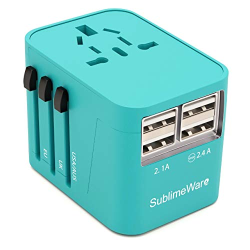 Power Plug Adapter (Turquoise) - International Travel - w/4 USB Ports Work for 150+ Countries - 220 Volt Adapter - Travel Adapter Type C Type A Type G Type I for UK Japan China EU Europe European