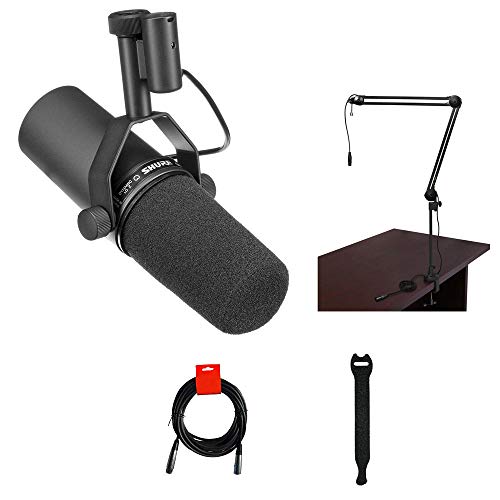 Shure SM7B Cardioid Dynamic Vocal Microphone with Two-Section Broadcast Arm, XLR Cable & 10-Pack Straps Bundle