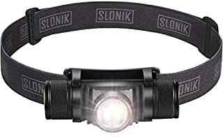 SLONIK 500 Lumen Rechargeable LED Headlamp w/ 2200 mAh Battery - Durable, Waterproof and Dustproof Headlight - Xtreme Bright 300 ft Beam - Camping and Hiking Gear