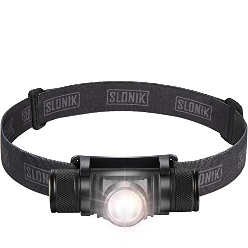 SLONIK 500 Lumen Rechargeable LED Headlamp w/ 2200 mAh Battery - Durable, Waterproof and Dustproof Headlight - Xtreme Bright 300 ft Beam - Camping and Hiking Gear