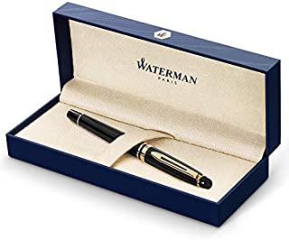 Waterman Expert Fountain Pen, Gloss Black with 23k Gold Trim, Fine Nib with Blue Ink Cartridge, Gift Box