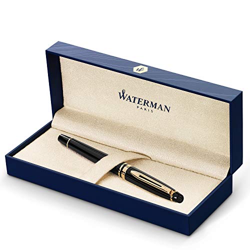 Waterman Expert Fountain Pen, Gloss Black with 23k Gold Trim, Fine Nib with Blue Ink Cartridge, Gift Box