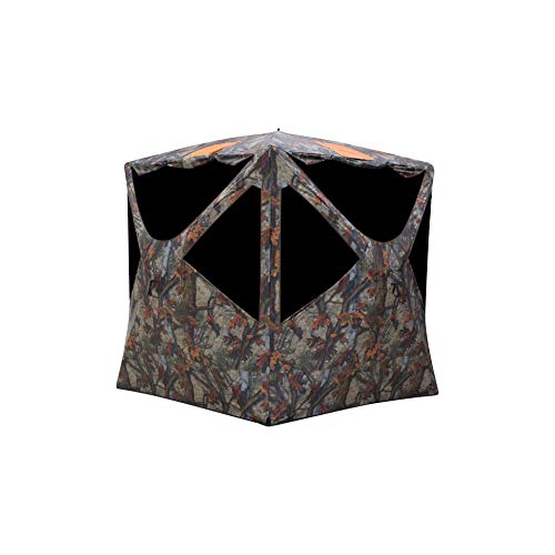 Barronett Blinds Tag Out Hub Hunting Blind, 3 Person Pop Up Ground Blind, Bloodtrail Woodland Camo and Blaze Orange Safety Panels, TA350BT, 90x90