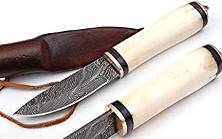 Damascus Hunting Fix Blade Knife | Custom Handmade Outdoor Camping Survival Puukko Knives, Bowie Chef Knife EDC 9.5 Camel Bone Handle with Leather Sheath