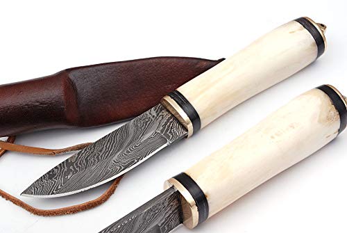 Damascus Hunting Fix Blade Knife | Custom Handmade Outdoor Camping Survival Puukko Knives, Bowie Chef Knife EDC 9.5 Camel Bone Handle with Leather Sheath