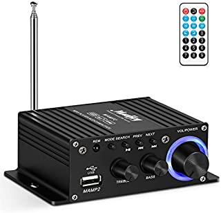 Moukey Mini Stereo Amplifier with Bluetooth - for Speakers, ipad, Phones, Computers, Car, Home use - 50W Dual Channel Sound Power Audio Receiver USB, AUX, FM, Remote Control, Power Supply- MAMP2