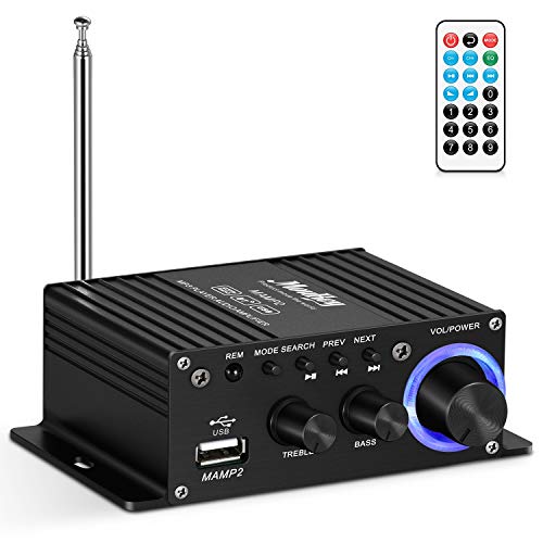 Moukey Mini Stereo Amplifier with Bluetooth - for Speakers, ipad, Phones, Computers, Car, Home use - 50W Dual Channel Sound Power Audio Receiver USB, AUX, FM, Remote Control, Power Supply- MAMP2