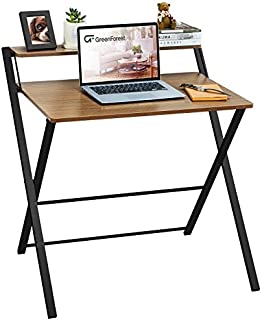 GreenForest Folding Desk No Assembly Required, 2-Tier Small Computer Desk with Shelf Space Saving Foldable Table for Small Spaces, Espresso