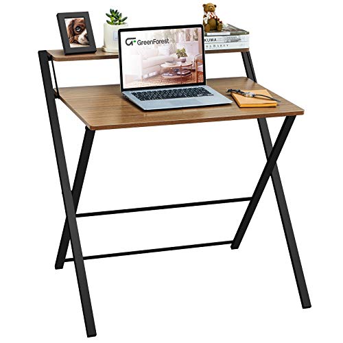 GreenForest Folding Desk No Assembly Required, 2-Tier Small Computer Desk with Shelf Space Saving Foldable Table for Small Spaces, Espresso