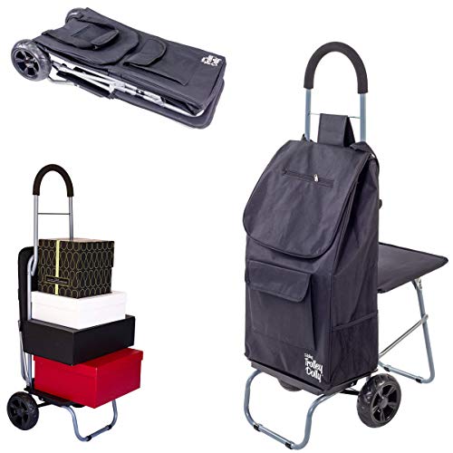 dbest products Trolley Dolly with Seat, Black Shopping Grocery Foldable Cart Tailgate