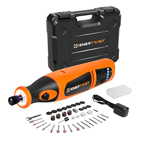 EnerTwist 8V Max Cordless Rotary Tool Kit Lithium-Ion Battery Powered Variable Speed Micro Drill Set with Front LED Worklight and 40 Accessories for Crafting Drilling and DIY Projects, ET-RT-8