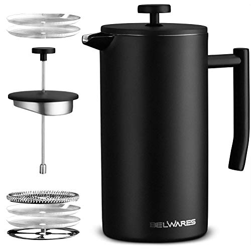 Large French Press Coffee Maker - Double Wall 304 Stainless Steel - 4 Level Filtration System with 2 Extra Filters, Black, 50oz (1.5L)