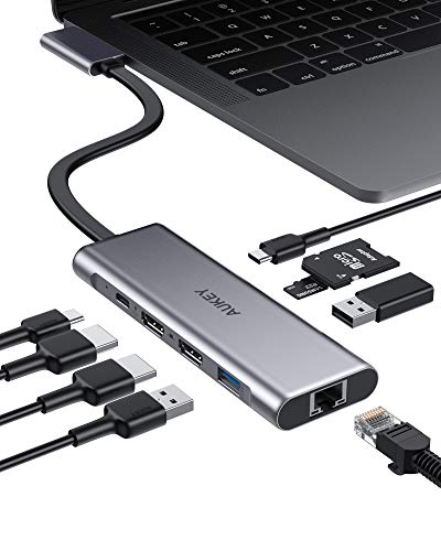 AUKEY USB C Hub MacBook Pro 9-in-2, Triple Display with Dual 4K@60Hz HDMI, 1Gbps RJ45 Ethernet, 100W PD Charging, 2 USB 3.0 and SD/TF Card Reader, Thunderbolt 3 Type C Docking Station for MacBook Air