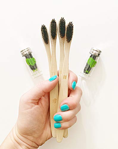 ME.MotherEarth PREMIUM Charcoal Natural Bamboo Toothbrush & Eco Biodegradable Floss | 6-pack KIT| VEGAN | Refillable Glass Container| Ecologic Oral Care | Natural Fiber Bristles | Zero Waste