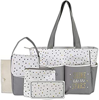 Diaper Bag Tote 5 Piece Set with Sun, Moon, and Stars, Wipes Pocket, Dirty Diaper Pouch, Changing Pad (Grey/Cream)